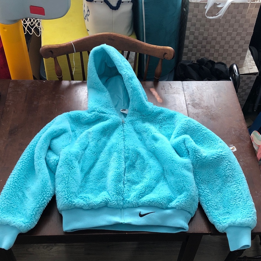 Nike Turquoise Sherpa Faux Fur Zippered Hoodie